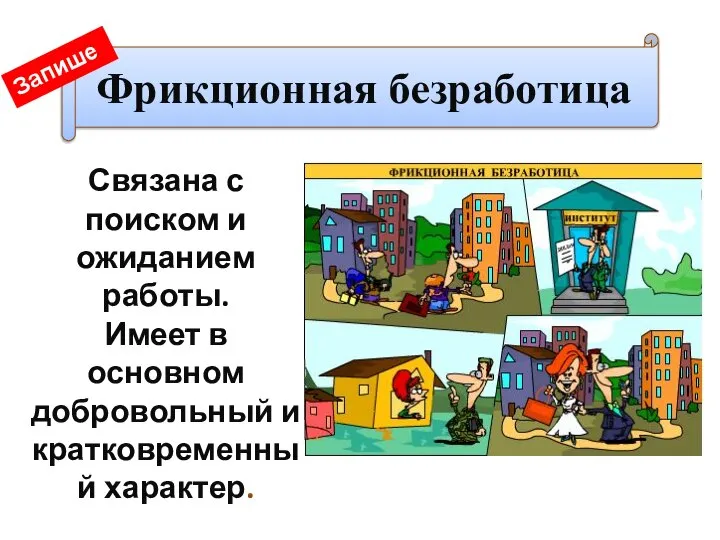 Фрикционная безработица Связана с поиском и ожиданием работы. Имеет в основном добровольный и кратковременный характер. Запишем