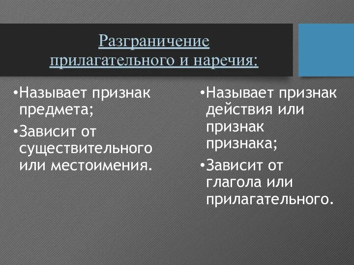 Разграничение прилагательного и наречия: Называет признак предмета; Зависит от существительного или