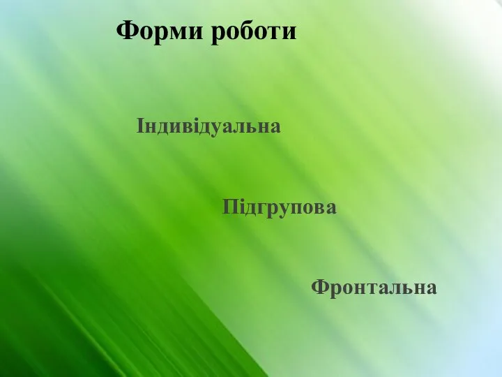 Форми роботи Індивідуальна Підгрупова Фронтальна