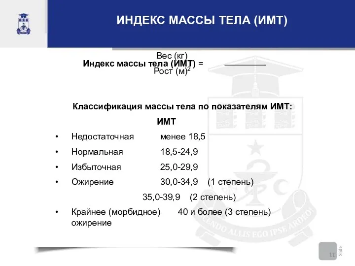 ИНДЕКС МАССЫ ТЕЛА (ИМТ) Вес (кг) Индекс массы тела (ИМТ) =