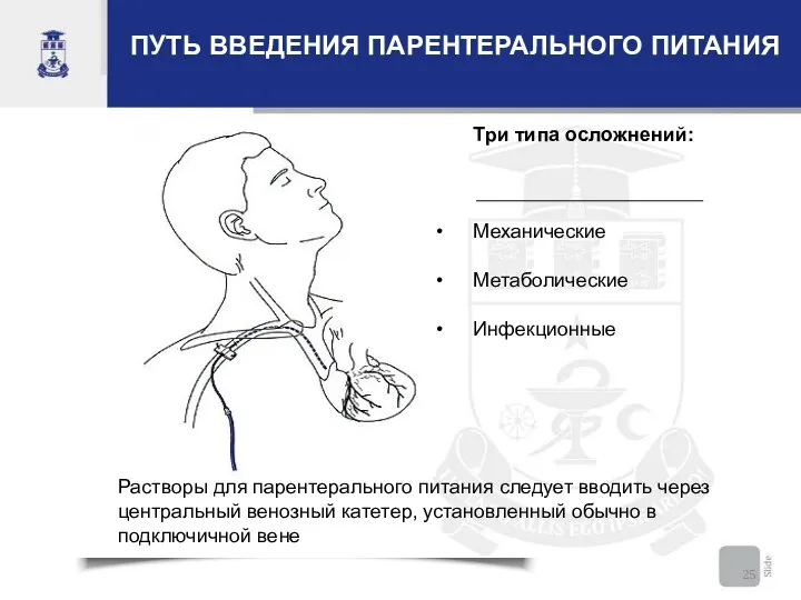 ПУТЬ ВВЕДЕНИЯ ПАРЕНТЕРАЛЬНОГО ПИТАНИЯ Растворы для парентерального питания следует вводить через