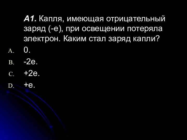 А1. Капля, имеющая отрицательный заряд (-е), при освещении потеряла электрон. Каким