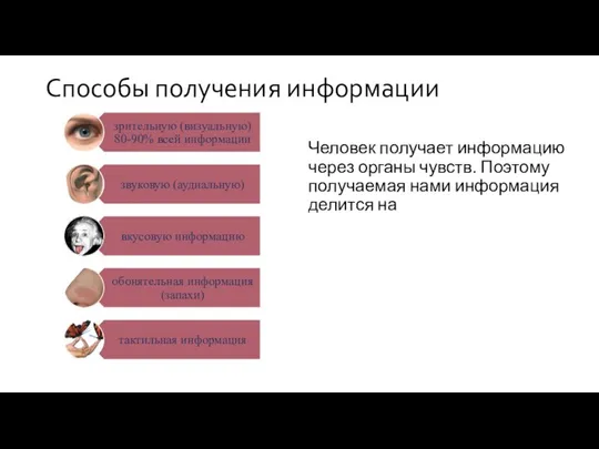 Человек получает информацию через органы чувств. Поэтому получаемая нами информация делится на Способы получения информации