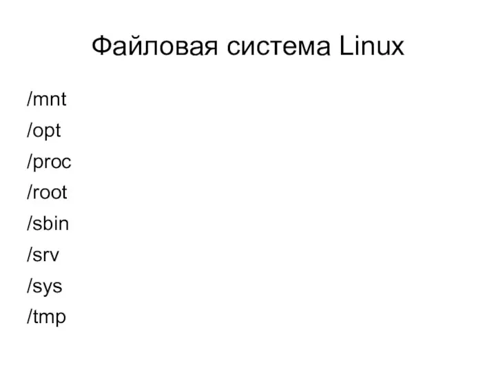 Файловая система Linux /mnt /opt /proc /root /sbin /srv /sys /tmp