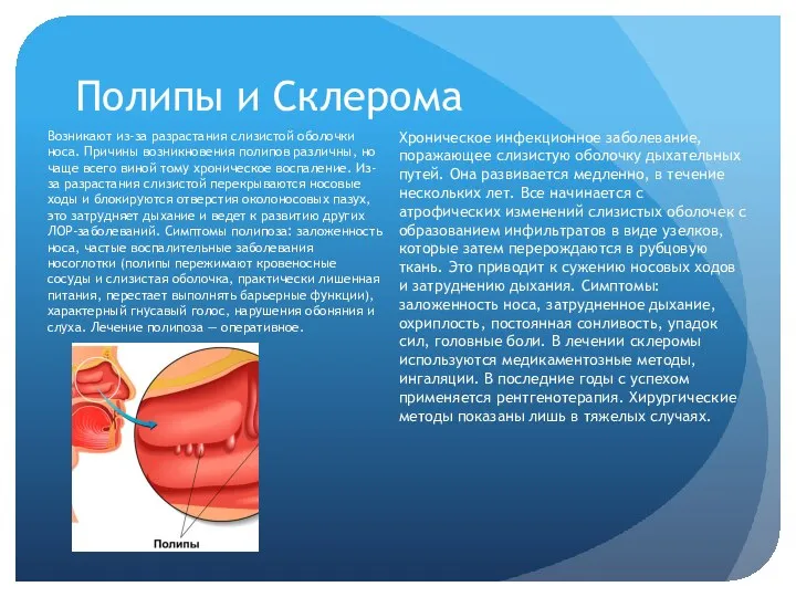 Полипы и Склерома Возникают из-за разрастания слизистой оболочки носа. Причины возникновения