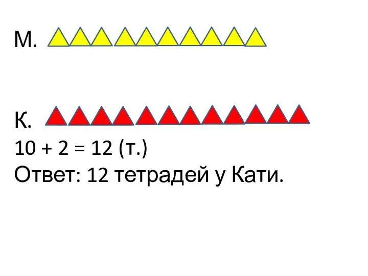 М. К. 10 + 2 = 12 (т.) Ответ: 12 тетрадей у Кати.