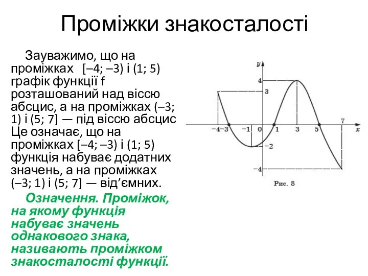 Проміжки знакосталості Зауважимо, що на проміжках [–4; –3) і (1; 5)