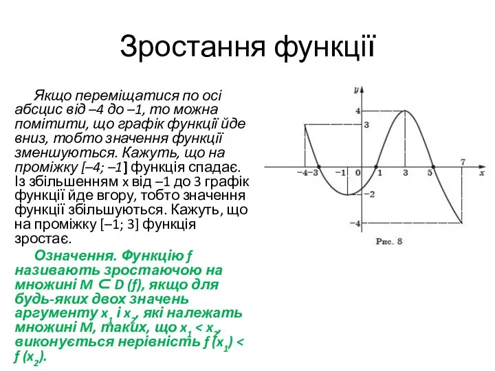 Зростання функції Якщо переміщатися по осі абсцис від –4 до –1,