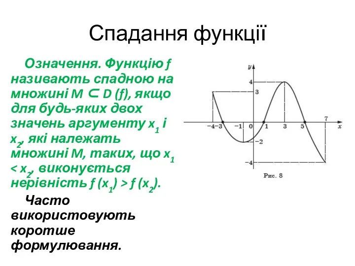 Спадання функції Означення. Функцію f називають спадною на множині M ⊂