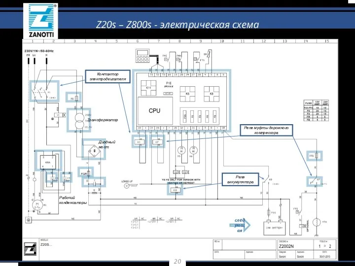 следующая Z20s – Z800s - электрическая схема Реле муфты дорожного компрессора