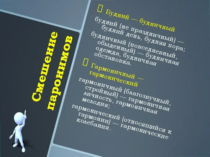 Смешение паронимов Будний — будничный будний (не праздничный) — будний день,