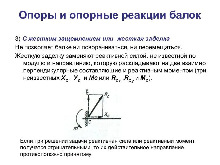 Опоры и опорные реакции балок 3) С жестким защемлением или жесткая