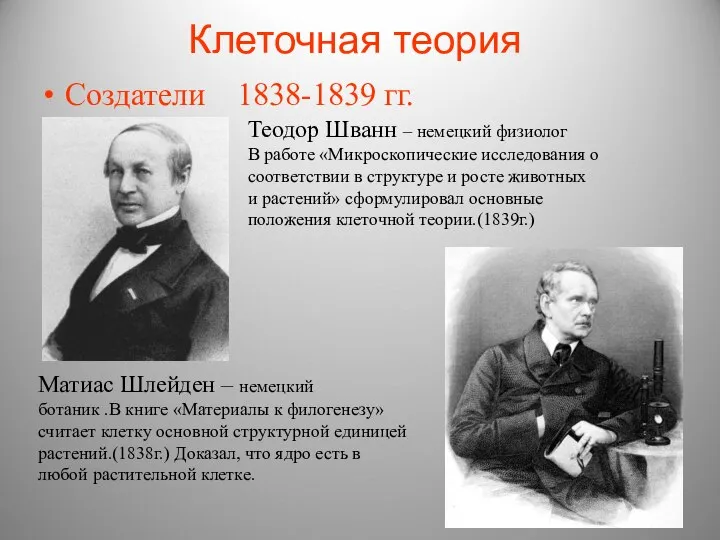 Клеточная теория Создатели 1838-1839 гг. Теодор Шванн – немецкий физиолог В