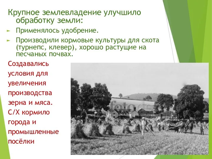 Крупное землевладение улучшило обработку земли: Применялось удобрение. Производили кормовые культуры для