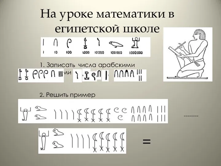 На уроке математики в египетской школе 1. Записать числа арабскими цифрами 2. Решить пример -------- =