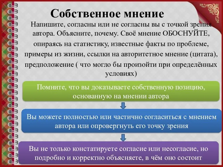 Собственное мнение Напишите, согласны или не согласны вы с точкой зрения