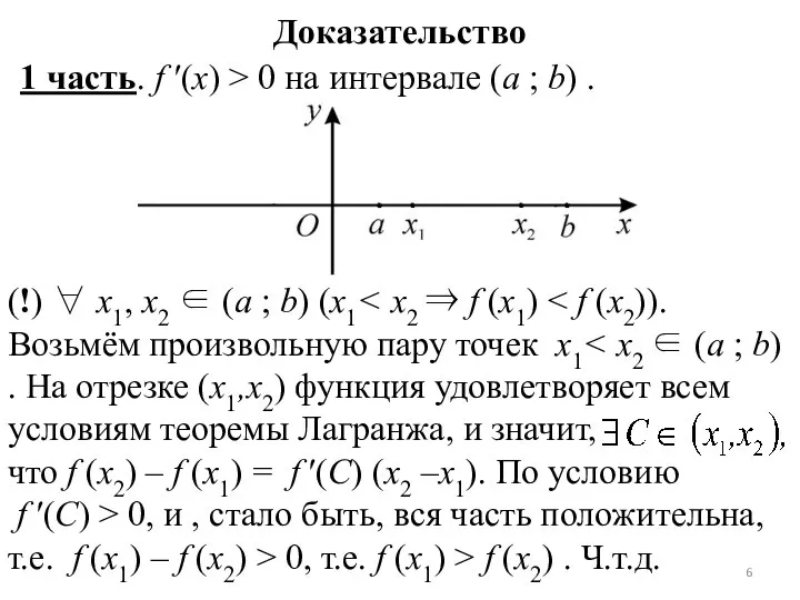 Доказательство 1 часть. f ′(x) > 0 на интервале (a ;