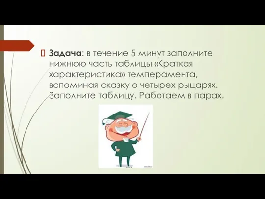 Задача: в течение 5 минут заполните нижнюю часть таблицы «Краткая характеристика»