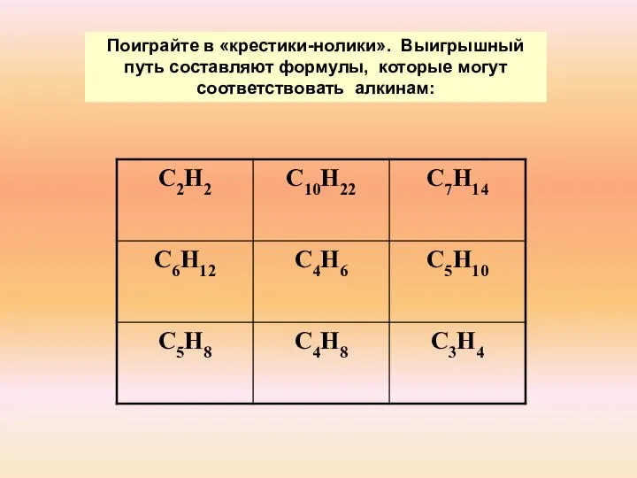 Поиграйте в «крестики-нолики». Выигрышный путь составляют формулы, которые могут соответствовать алкинам: