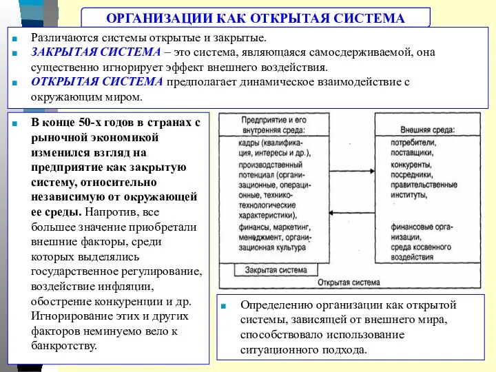 ОРГАНИЗАЦИИ КАК ОТКРЫТАЯ СИСТЕМА В конце 50-х годов в странах с