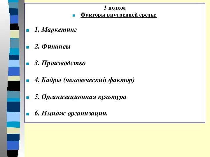 3 подход Факторы внутренней среды: 1. Маркетинг 2. Финансы 3. Производство