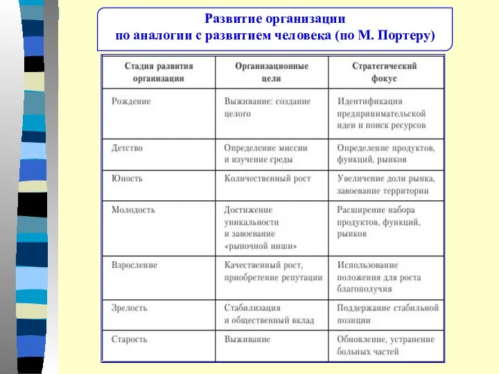 Развитие организации по аналогии с развитием человека (по М. Портеру)