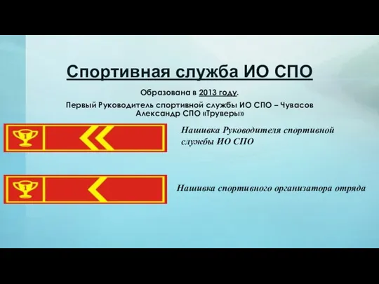 Образована в 2013 году. Первый Руководитель спортивной службы ИО СПО –