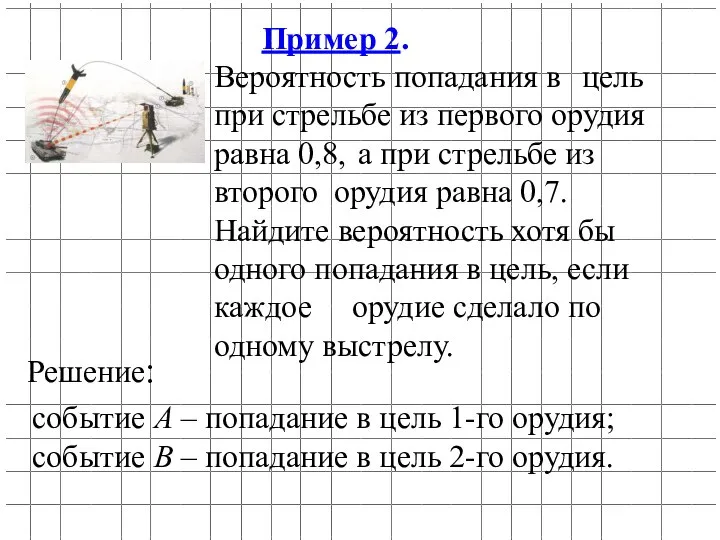 Пример 2. Вероятность попадания в цель при стрельбе из первого орудия