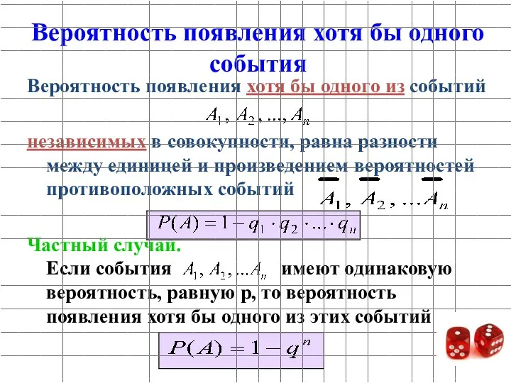 Вероятность появления хотя бы одного события Вероятность появления хотя бы одного