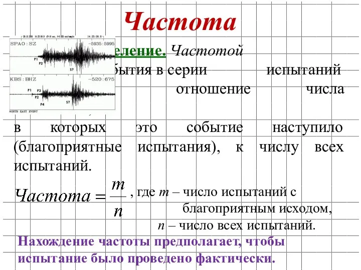 Частота Определение. Частотой случайного события в серии испытаний называется отношение числа