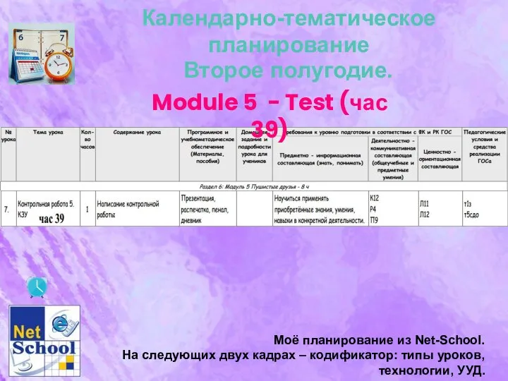 Календарно-тематическое планирование Второе полугодие. Module 5 - Test (час 39) Моё