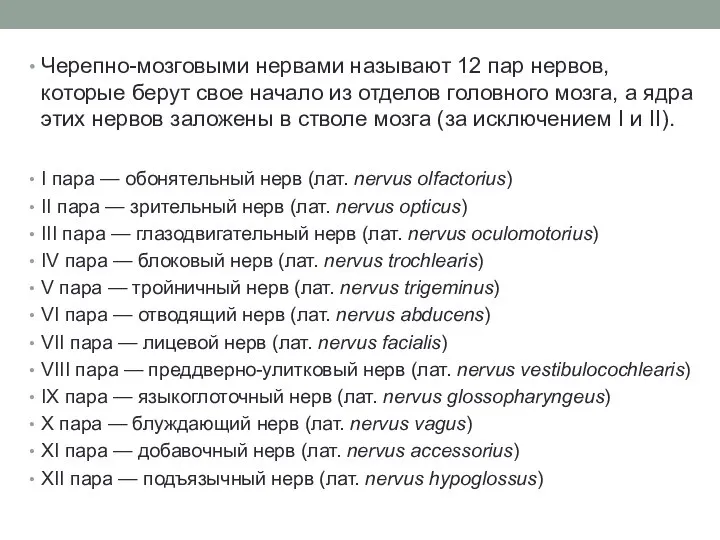 Черепно-мозговыми нервами называют 12 пар нервов, которые берут свое начало из