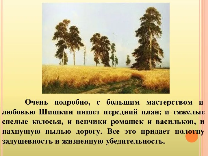 Очень подробно, с большим мастерством и любовью Шишкин пишет передний план: