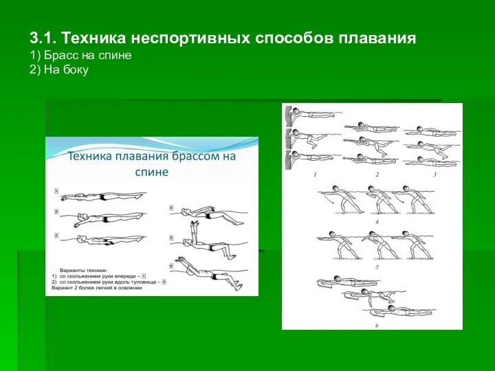 3.1. Техника неспортивных способов плавания 1) Брасс на спине 2) На боку