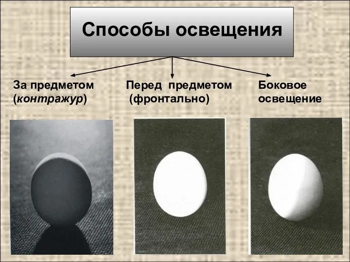 Способы освещения Перед предметом (фронтально) За предметом (контражур) Боковое освещение