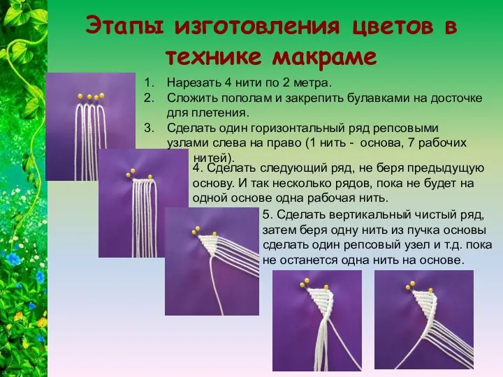 Этапы изготовления цветов в технике макраме Нарезать 4 нити по 2