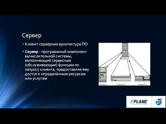 Сервер Клиент-серверная архитектура ПО Сервер - программный компонент вычислительной системы, выполняющий