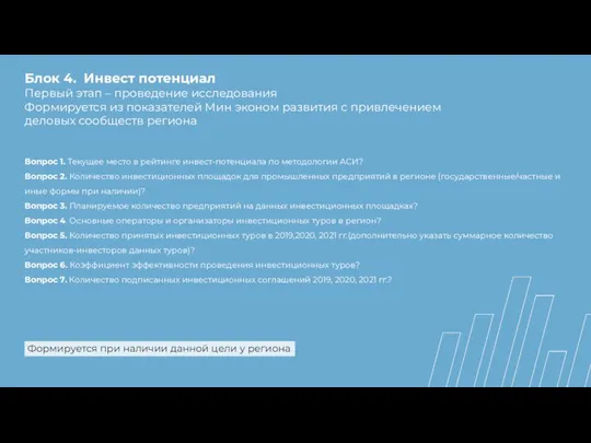 Блок 4. Инвест потенциал Первый этап – проведение исследования Формируется из