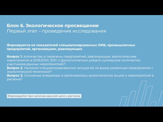 Блок 6. Экологическое просвещение Первый этап – проведение исследования Формируется из