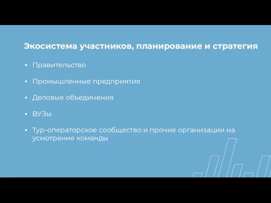 Экосистема участников, планирование и стратегия Правительство Промышленные предприятия Деловые объединения ВУЗы