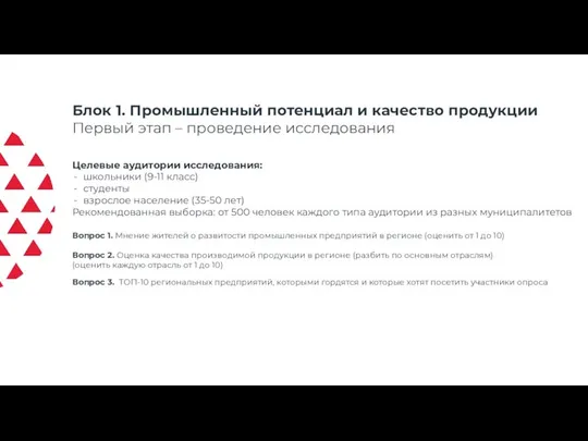 Блок 1. Промышленный потенциал и качество продукции Первый этап – проведение