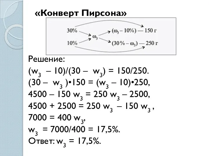 «Конверт Пирсона» Решение: (w3 – 10)/(30 – w3) = 150/250. (30