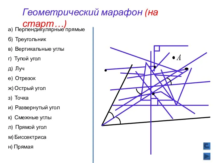 а) Перпендикулярные прямые б) Треугольник в) Вертикальные углы г) Тупой угол