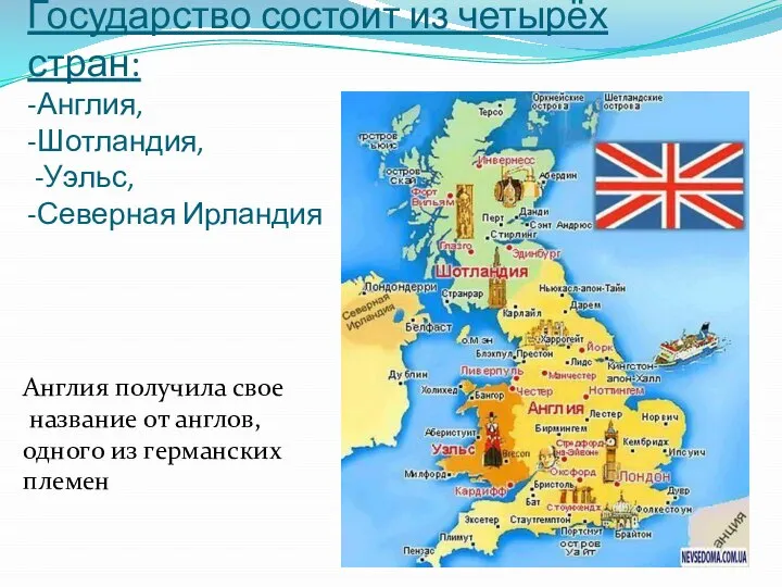 Государство состоит из четырёх стран: -Англия, -Шотландия, -Уэльс, -Северная Ирландия Англия