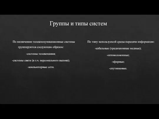 Группы и типы систем По назначению телекоммуникационные системы группируются следующим образом: