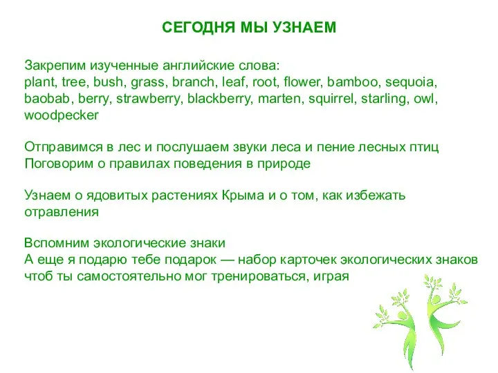 СЕГОДНЯ МЫ УЗНАЕМ Закрепим изученные английские слова: plant, tree, bush, grass,