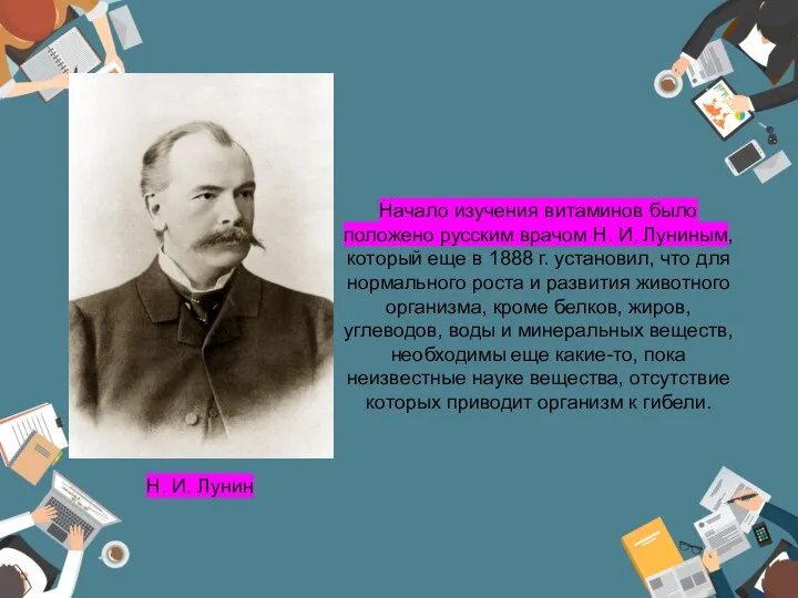 Начало изучения витаминов было положено русским врачом Н. И. Луниным, который