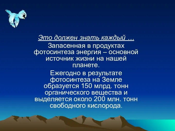 Это должен знать каждый … Запасенная в продуктах фотосинтеза энергия –