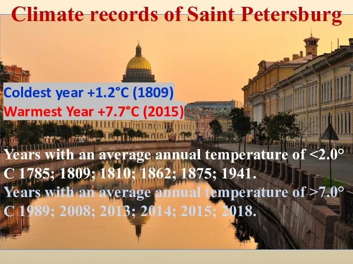 Climate records of Saint Petersburg Coldest year +1.2°C (1809) Warmest Year