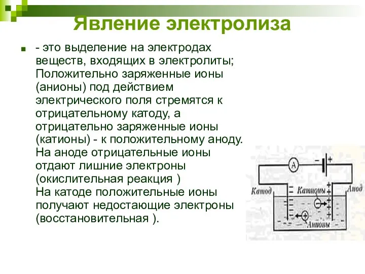 Явление электролиза - это выделение на электродах веществ, входящих в электролиты;